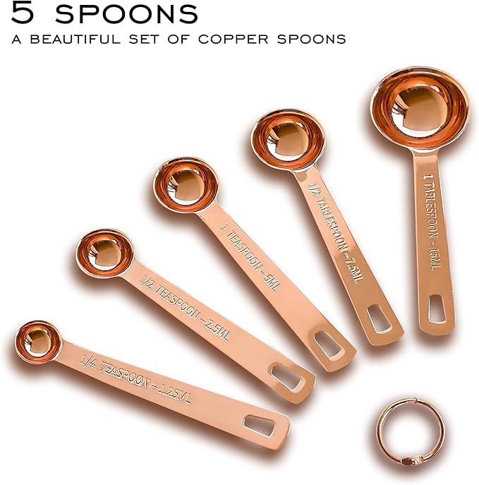 Measuring Cups and Spoons Set of 9, Utensils for Dry and Liquid Ingredients, Copper Kitchen Accessories, Rose Copper Decor for Home, Stackable, Sturdy Stainless Steel (GoldRose)
