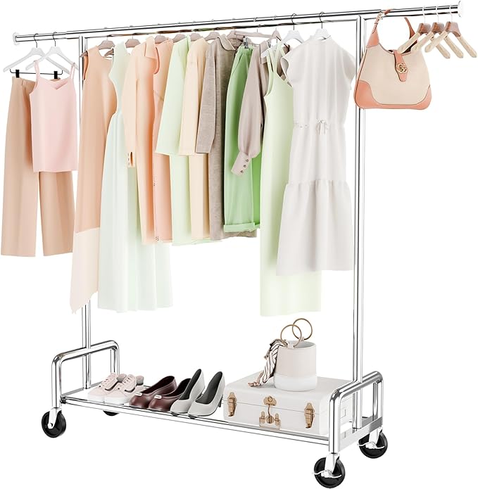 Simple Trending Heavy Duty Clothing Clothes Rack with Wheels for Hanging, Metal Rolling Garment Rack Organizer Load 500 LBS, Chrome | 500LBS Load, Metal Garment Rack, Industrial 360° Lockable Wheels, Bottom Shelf, Bedroom, Laundry Room