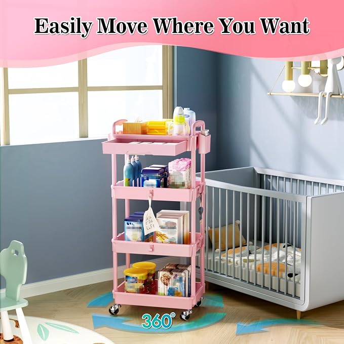SUNALLY 4 Tier Rolling Utility Cart with Drawer, Storage Organizer Cart with 2 Lockable Wheels, Multifunctional Rolling Storage Cart for Bathroom, Kitchen, Craft, Makeup, Baby Essentials, Pink