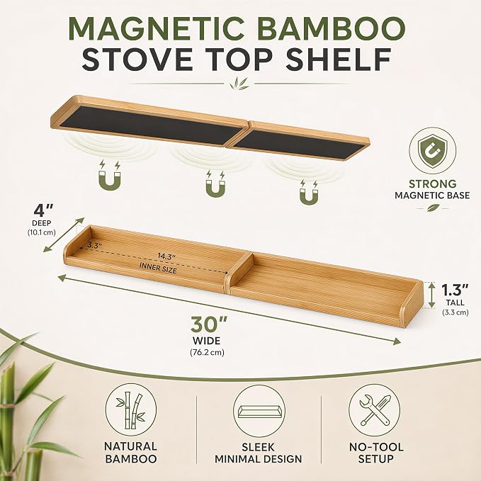 Magnetic Stove Top Shelf 30 Inch – Over the Stove Spice Rack Organizer for Flat Top Stoves, Strong Magnetic Bamboo Kitchen Shelf, Space Saving Stove Top Storage Rack, Tool-Free Installation, Natural