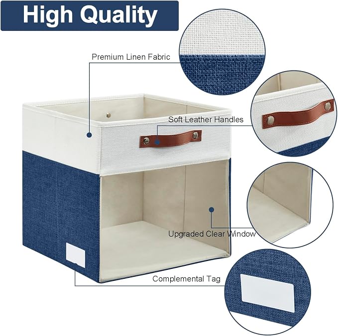 Bagnizer Storage Cubes, 4 Pack Linen Foldable Storage Bins with Clear Window and 2 Handles, 13x15x13 Storage Cube Bins for Shelf Closet, Kallax, Clothes, Books - (Navy Blue / Off-White)