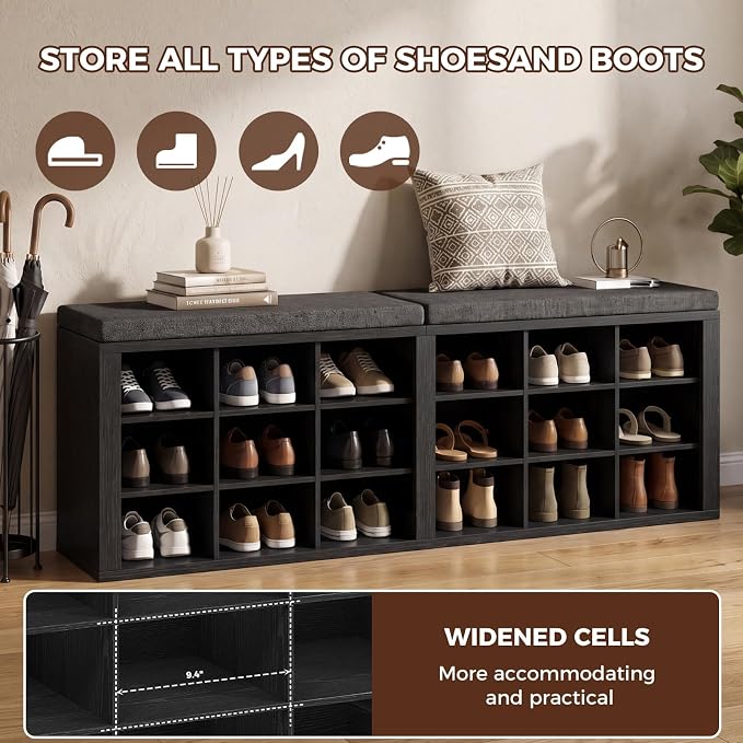 ITEFDTUTNE Shoe Rack Bench, 18 Cubbies Shoe Storage Bench with Cushion, 59" | Entryway Bench with Shoe Storage, Widened Organizer Cabinet for Entryway Hallway Bedroom Living Room, Holds Up to 400lbs