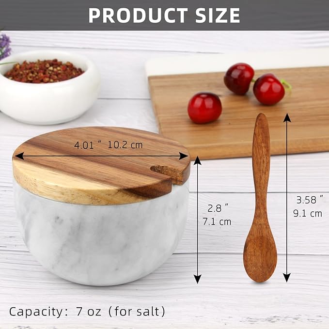 Salt Cellar Box with Lid & Spoon, Modern White Stone Salt or Pepper Sugar Spice Seasoning Bowl Container Jar Holder Well Keeper Dish Pig Crock for Kitchen (White Grey Marble Bowl)