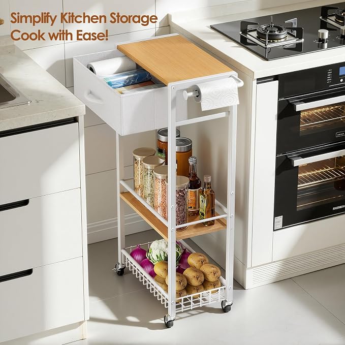 Lewondr Bathroom Organizer and Storage Cart with Drawer, 3-Tier Narrow Rolling Utility Cart with Wood Top and Wheels for Small Spaces, Laundry, White