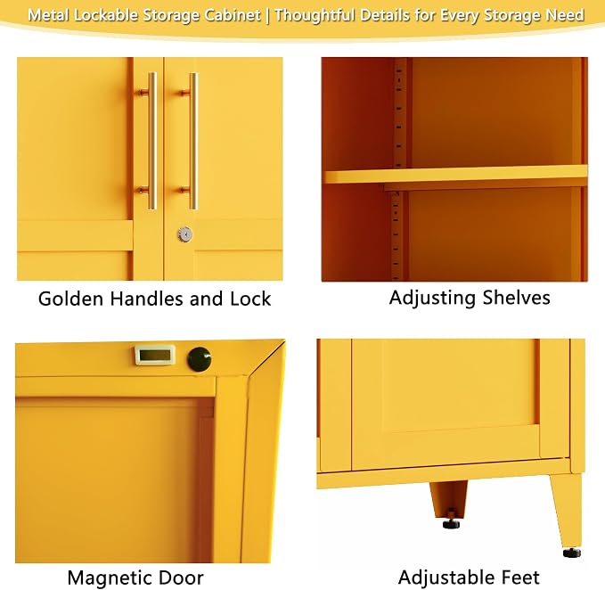61" Yellow Metal Storage Cabinet and Lock, 2-Door Metal Locker Cabinet with Adjustable Shelves, 4-Tier Steel Storage Locker for Bedroom Living Room Kitchen Home Office Size：61"H X 27.6"W X 13.8"D