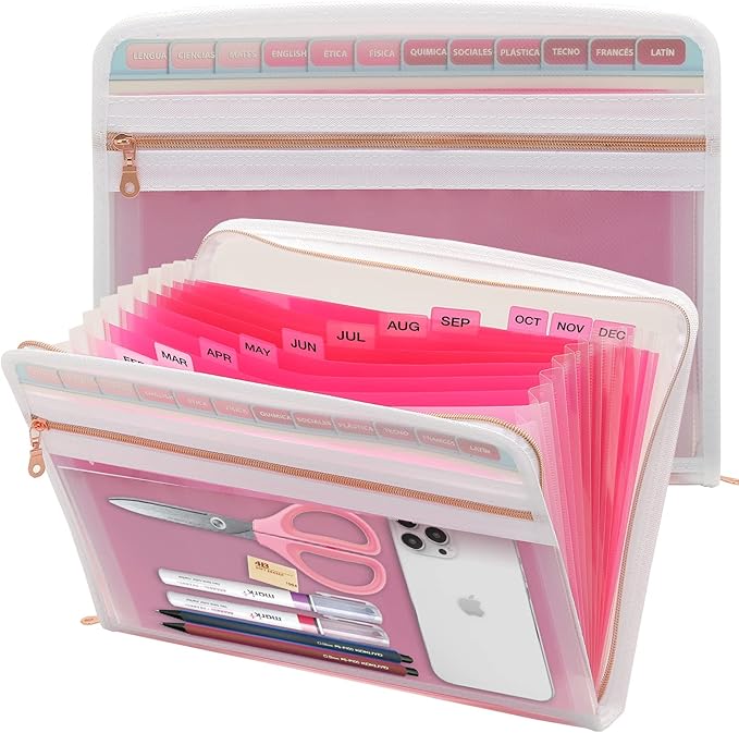 Mukawa 13 Pocket Zippered Expanding File Folder, Accordion File Organizer for Documents Letter Size A4 Papers (Pink)