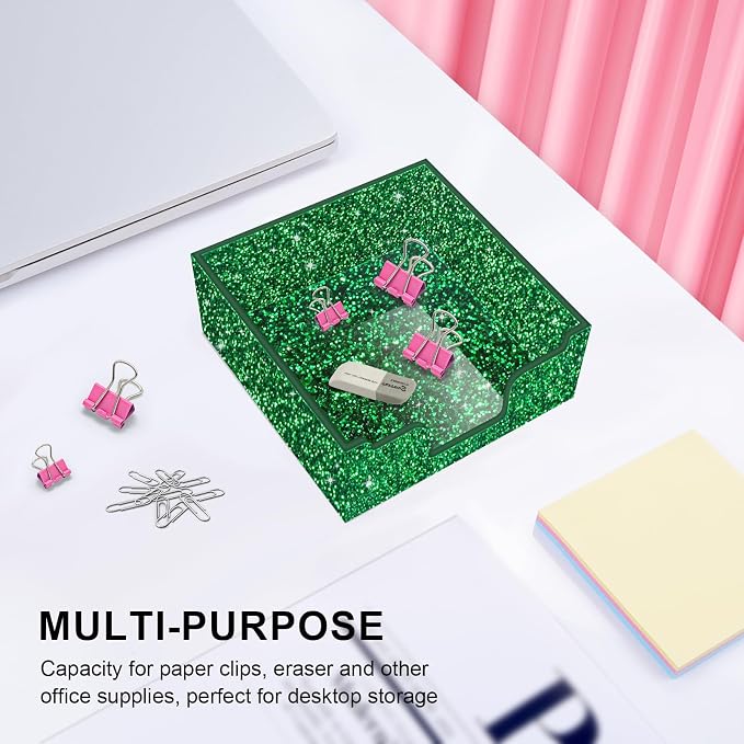 Rouidr Acrylic Sticky Note Holder, Self Stick Note Pad Holder, Bright Green | 3.94 x 3.94 Inch Glitter Memo Pad Dispenser Organizer for School Office Home Desk Supplies