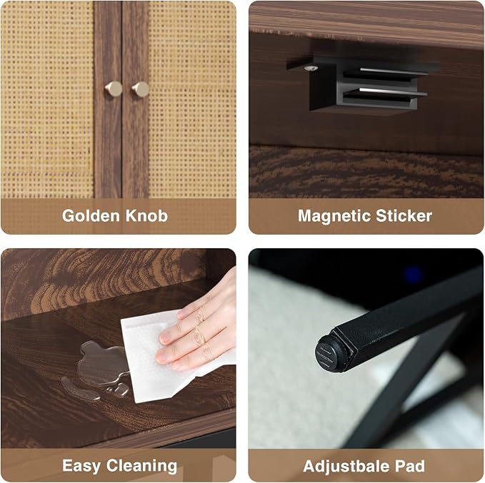 Befrases Rattan Toilet Storage Cabinet, Over the Rack Wood Cabinet with Metal Stand, Bathroom Organizer with Adjustable Shelf, Space Saving Cupboard for Small Bathrooms, Washer Shelf, Dark Brown