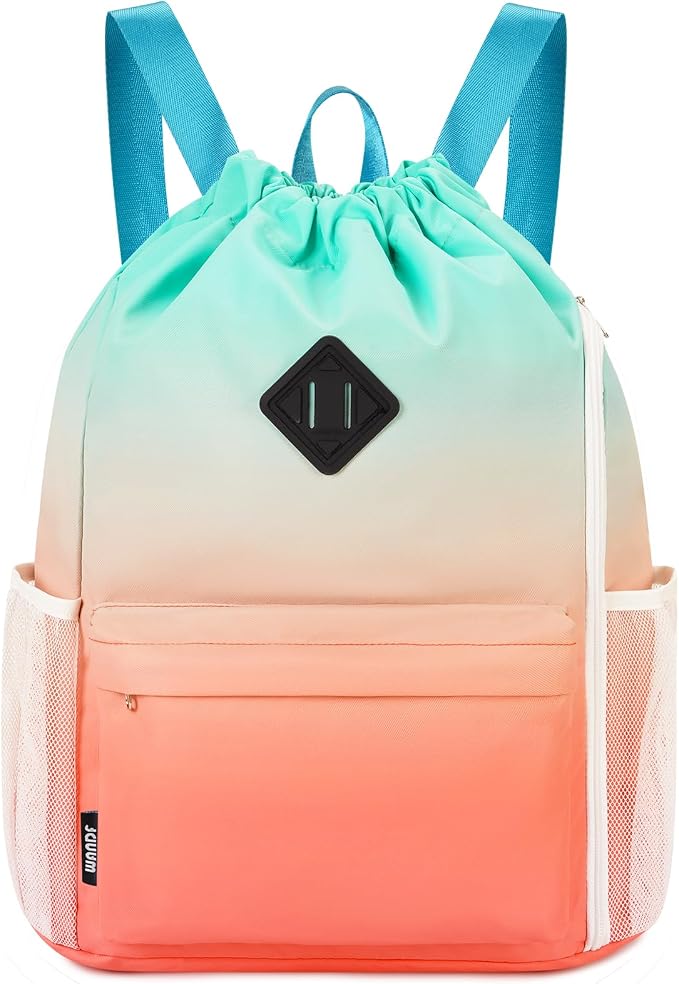 WANDF Drawstring Backpack with Shoe Compartment, Sports Gym Bag | Multi-Pocket Storage, Water-Resistant Fabric, Cinch String Bag