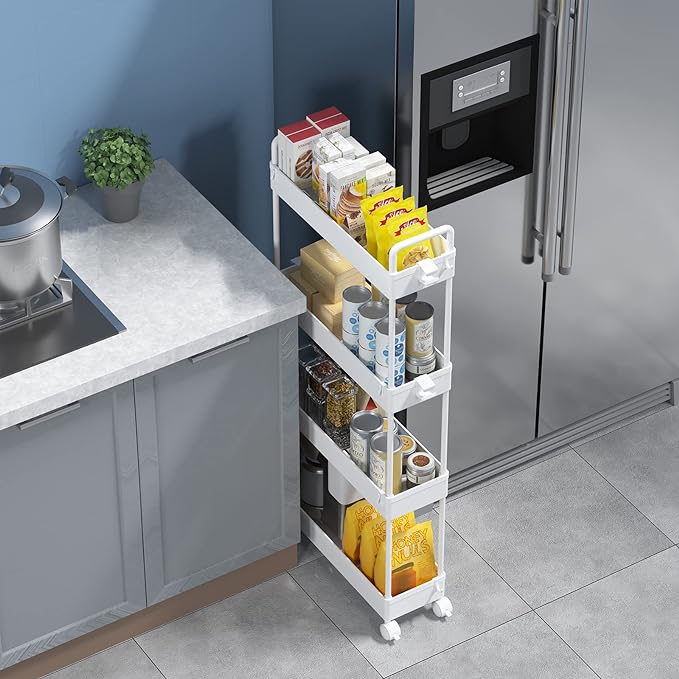 SOLEJAZZ Slim Rolling Storage Cart Skinny Bathroom Organizer, 4 Tier, White | Thin utility cart with wheels for bathroom, laundry room, bedside, kitchen, dorm, office, next to fridge, small narrow places