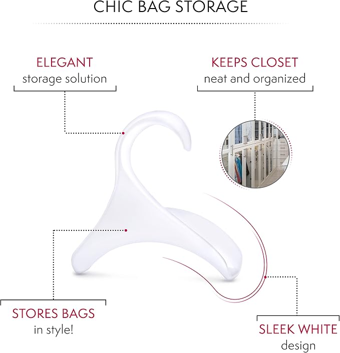 Bag-a-Vie Purse Hanger for Closet - Handbag Organizer Hooks for Hanging Bags & Purses, Protecting Bag Shape & Organizing Space (1 Hanger, White Plastic)