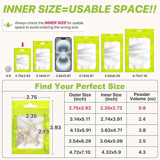 100 PCS Resealable Mylar Bags with Zipper and Frosted Clear Window Smell Proof Packaging Bags Foil Pouch Zip Bag for Food Self Sealing Storage Supplies (Green, 2.75×3.93)