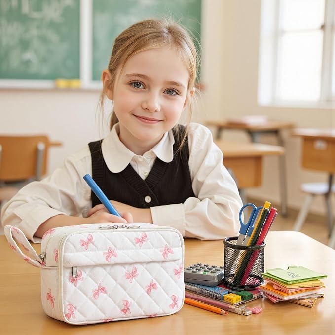 WOBAGMEN Quilted Pencil Pouch for Girls Women, Large Pencil Case Pouch with Compartments Cute Aesthetic Pencil Case Organizer, Floral Pencil Bag for School Supplies (Pink cute Bow)