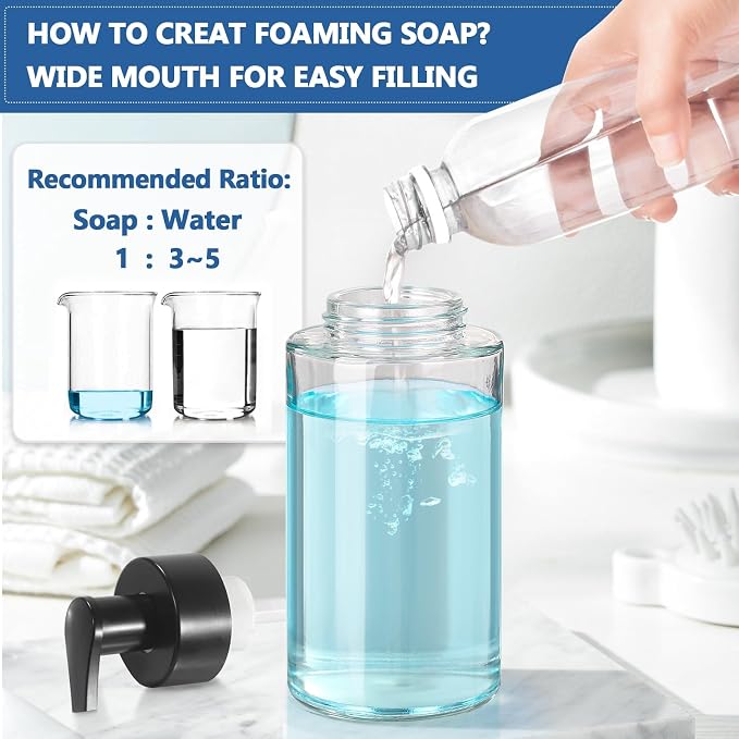 RYTOXILO Foaming Soap Dispenser, 10 oz/300ml Foaming Hand Soap Dispenser, 3 Pack Glass Foaming Soap Dispenser for Bathroom & Kitchen, Clear Refillable Foam Soap Dispenser Bottle with Waterproof Labels