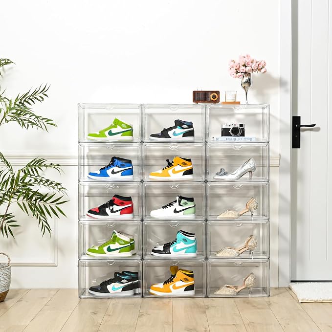 Clear Shoe Organizer,Stackable Shoe Display Case,Shoe Box Storage Bins with Magnetic Door,Fit Shoe Size Up to US 14 (X-Large-2Pack)