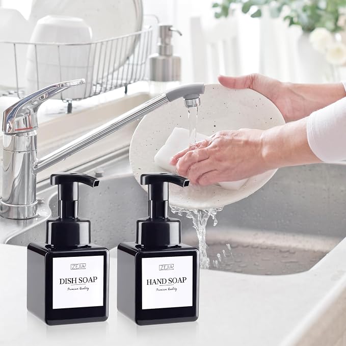 250ML Foaming Soap Dispenser, 2-Pack Plastic Hand Soap Dispenser, Refillable Leakproof Foam Pump Bottle with Waterproof Labels, for Shampoo, Body Wash