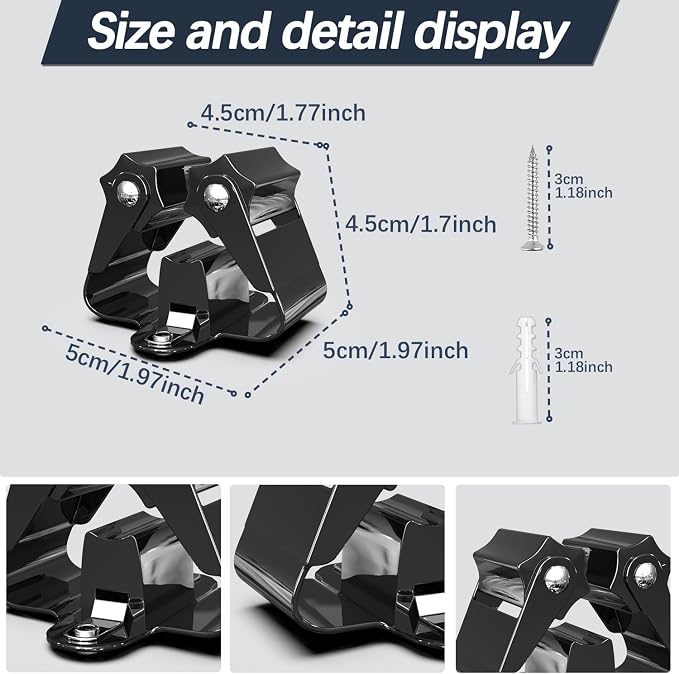 3-H Broom Holder Wall Mount 50 Pack, Heavy Duty Stainless Steel Mop and Broom Organizer Clips, Strong Grip Wall Mount Holders for Garage, Garden, Laundry Room & Utility Closet, Black