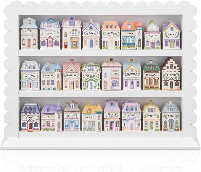 Chunful Vintage Spice Jar Wooden Rack White Scalloped Aesthetic Spice Shelf for 24 Jars, Village Style Wall Mounting Kitchen Storage Decorative Hanging Display Rack, Shelf Only