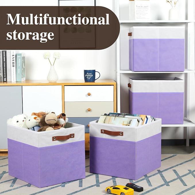 Temary Foldable Cube Baskets 4Pack - Clothes Shelf Storage with Handles, Fabric Storage Organizer Bins (White&Purple, 13x15x13 Inch)