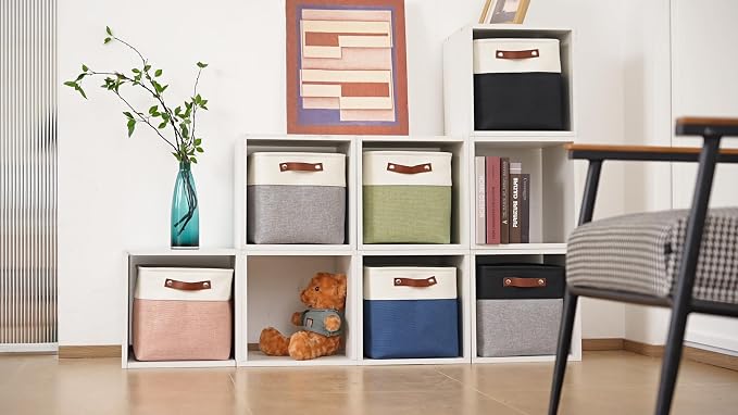 Patvingot Fabric Storage Cubes 13", 4 Pack, with PU Pull Handles,Foldable | For accessories on cube shelves or in closets; reinforced opening, pull-out access, folds flat when empty,white and green