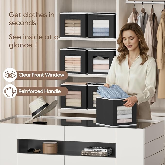 Homsorout Cube Storage Bins - Fabric Shelves for Closet Organization, Foldable Storage Bins for Clothes, Decorative Storage Baskets with Window for Home, Set of 6, Black