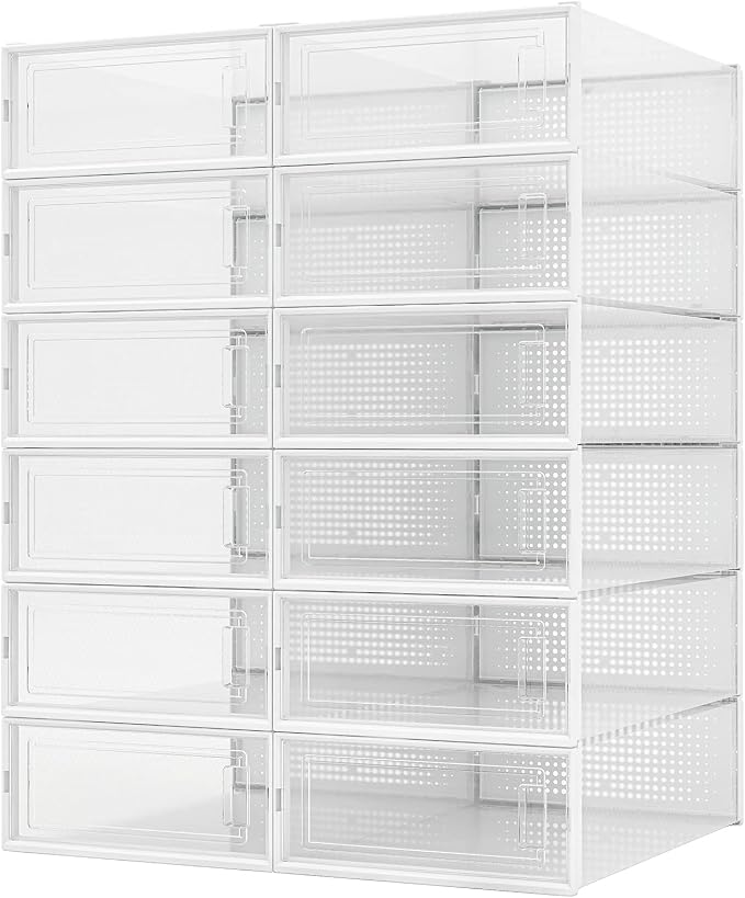 12-Piece Boot and Shoe Storage Box, Stackable Clear Plastic Shoe Box, Space-Saving Shoe Organizer for Boots, Sneakers, and High Heels, Clear