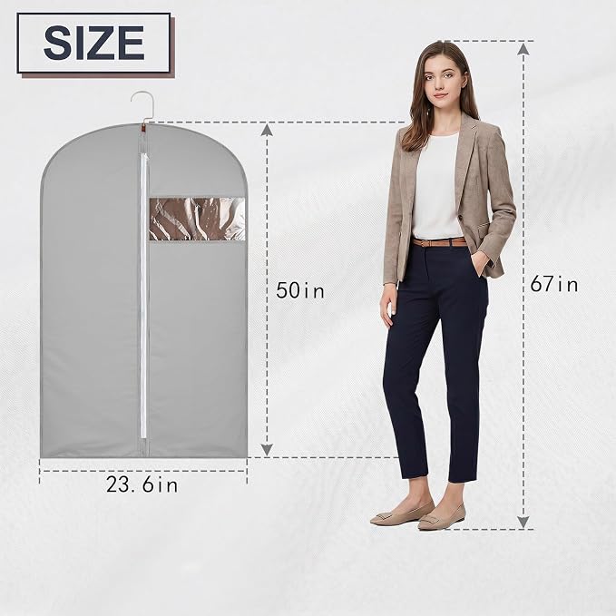 50Inch Garment Bags Covers, Gray Hanging Clothes Bag, Suit Cover Bags with Clear Window for Hanging Closet Clothes Storage and Travel (1, Gray, 50 inch)
