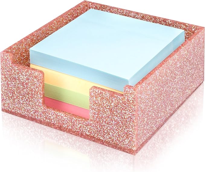 Acrylic Sticky Note Holder 4x4in Tray for Desk, Light Pink Glitter | Sparkling glitter acrylic tray, fits 3x3 sticky notes, compact organizer for office school and home