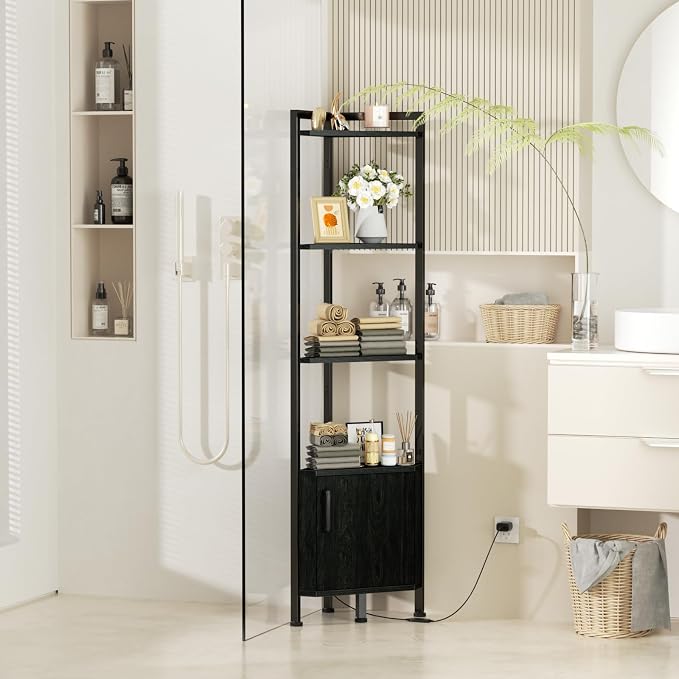 Furnulem Corner Shelf,5-Tier Corner Cabinet with Storage and LED Light, 62.8” Standing Display Bookshelf for Bedroom, Living Room, Kitchen, Wood Display Shelf (Black Oak) | 62.8”Tall Corner Bookshelf with Storage Rack for Bedroom,Living Room,Kitchen,Me...