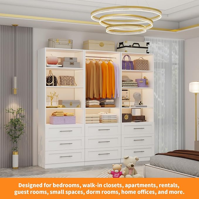 Closet System with 3 Sets, 6–15 FT Closet System with 9 Drawers, 9 Shelves & 4 Adjustable Hanging Rods, Max 189.3" Closet Organizer Systems for Walk-in Closets, Modular Custom Closet Tower, White