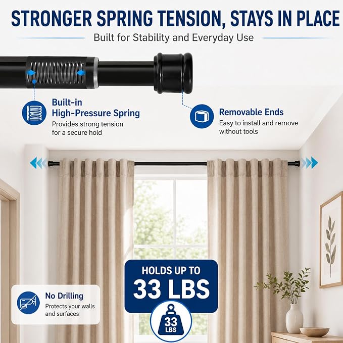 2 Pack No Sectional Assembly Tension Curtain Rods 56-104 Inch | 1" Diameter Spring Long Adjustable Shower Curtain Rods for Bathroom Windows Closet No Drilling No Rust, Black