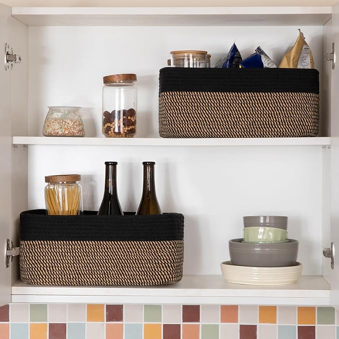 OIASKET Storage Baskets for Organizing 3 Pack, Woven Baskets for Shelves, Closet Organizer Bins Empty Gift Basket Toy Storage for Toys, Books, Towels, Clothes, 15"x11.42"x6.7", Black & Yellow