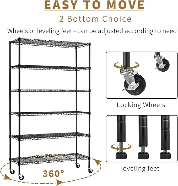 6-Tier Storage Shelves 45" x 18" x 82" Heavy Duty Metal Shelving Unit 2100Lb Capacity Adjustable Storage Racks with Wheels NSF Garage Wire Shelf for Basement Commercial, Black