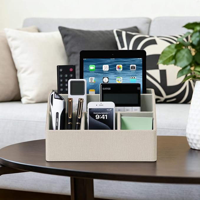 Desk Organizer Caddy with 5 Compartments for Office Art Supplies, PU Leather Nightstand Organizer Pencil Pen Desk Caddy for Home, Desktop TV Remote Control Holder Storage (Linen)