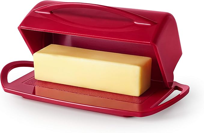 Better Dish Flip Top Butter Dish with Attached Lid - Holds 2 Sticks, Fits Kerrygold/European Butter - BPA Free & Dishwasher Safe - Red