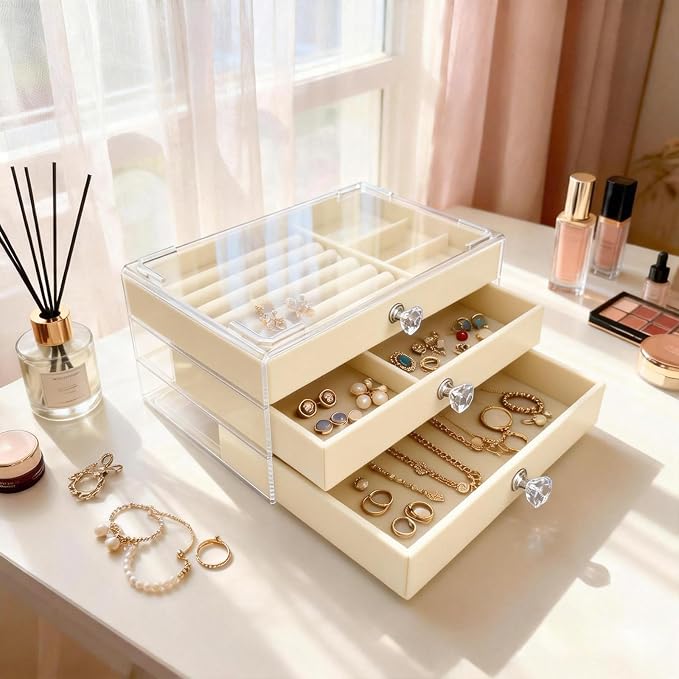 Clear Acrylic Velvet Jewelry Organizer with 3 Drawers, Stackable Display Storage Earrings Necklace Rings Bracelets Box Holder Case for Women, Beige