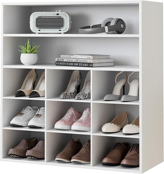 Garden 4 you Shoe Rack Organizer, 5-Tier Wood Cubby Shoe Rack with 2 Storage Shelf and 9 Cubbies, Shoe Organizer Cabinet for Entryway, Hallway, Closet and Garage, White