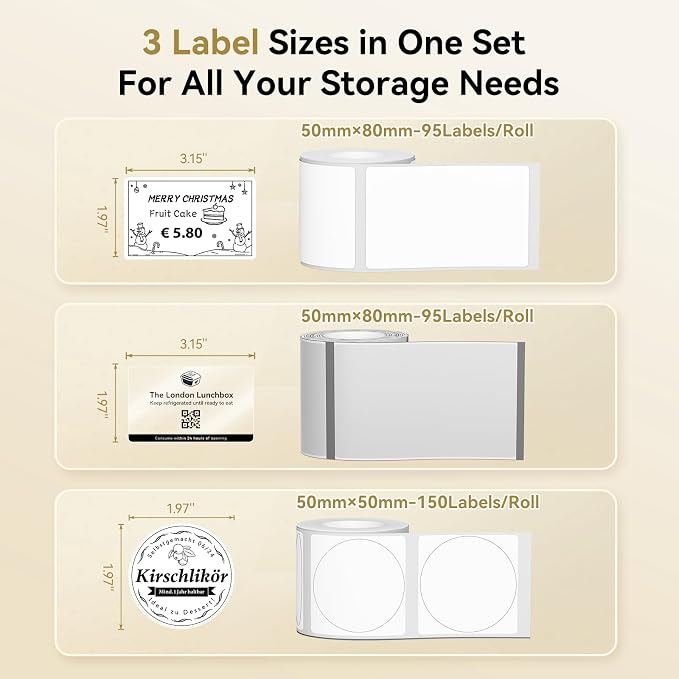 NIIMBOT Thermal Label Tape 3 Rolls, Compatible with B1 B21 B31 Label Maker | Multi-Size Pack, 50x80mm White, 50x80mm Clear, 50x50mm Round | for Address, Jar, Gift, Logo & File Organization Stickers