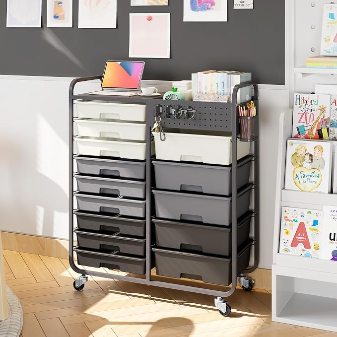 Rolling Storage Cart with Drawers, Storage Organizer Cart with Wheels and Wooden Tabletop,Utility Cart for Living Room, Classroom, Bedroom,Bathroom,Dorm,Office (Grey)