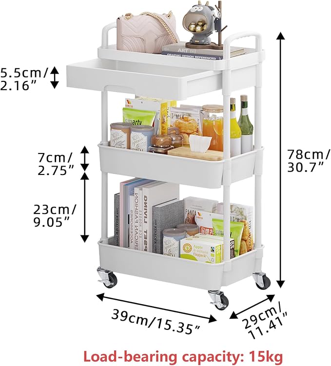 Calmootey 3-Tier Rolling Utility Cart with Drawer,Multifunctional Storage Organizer with Plastic Shelf & Metal Wheels,Storage Cart for Kitchen,Bathroom,Living Room,Office,White | Space-Saving Organizer, Sturdy Plastic Shelves, Smooth-Rolling Metal Whee...