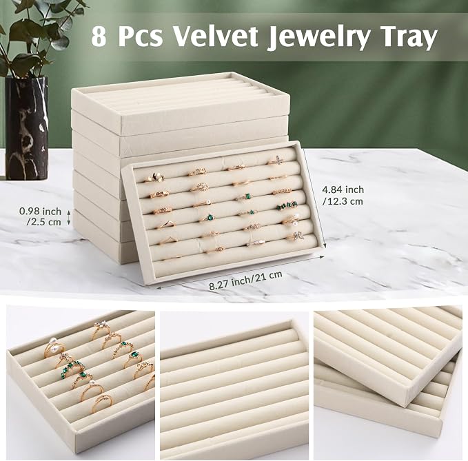 Highergo 8 Pcs Velvet Jewelry Trays Stackable Drawers Organizer Ring Earring Bracelet Necklace Storage Trays, 8.3x4.7x1''(7 Long Slots)