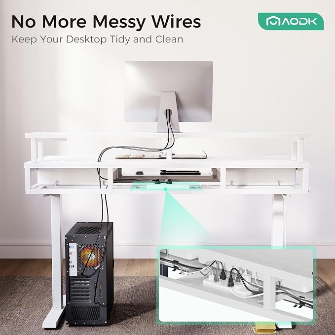 AODK 55 Inch Electric Standing Desk with Drawers & Keyboard Tray, White | 3 Outlets & 2 USB Ports, 20-Mode LED Lights, Monitor Stand, Cable Management Tray, 3 Memory Heights, 29.9"-46.1" in Range