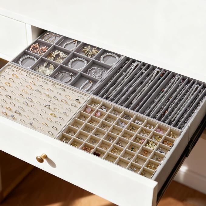 Large Jewelry Organizer for Drawer Insert Velvet Stackable Jewelry Trays for Earring Necklace Bracelet Ring Display (Beige, 16 Grids)