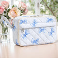 WOBAGMEN Quilted Pencil Pouch for Women, Large Capacity Pencil Case with Compartments, Cute Aesthetic Pencil Organizer, Floral Stationery Pouch（Blue Bow）