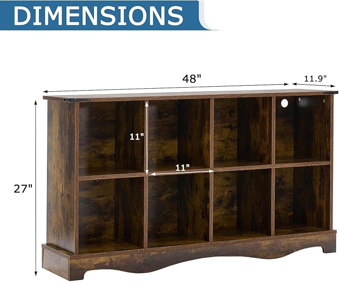 8 Cube Storage Organizer Bookcase, Long Horizontal Wood Bookshelf with Open Compartments, Multi-Purpose Cube Shelf, Hallway TV Stand for Living Room, Bedroom, Entryway, Brown