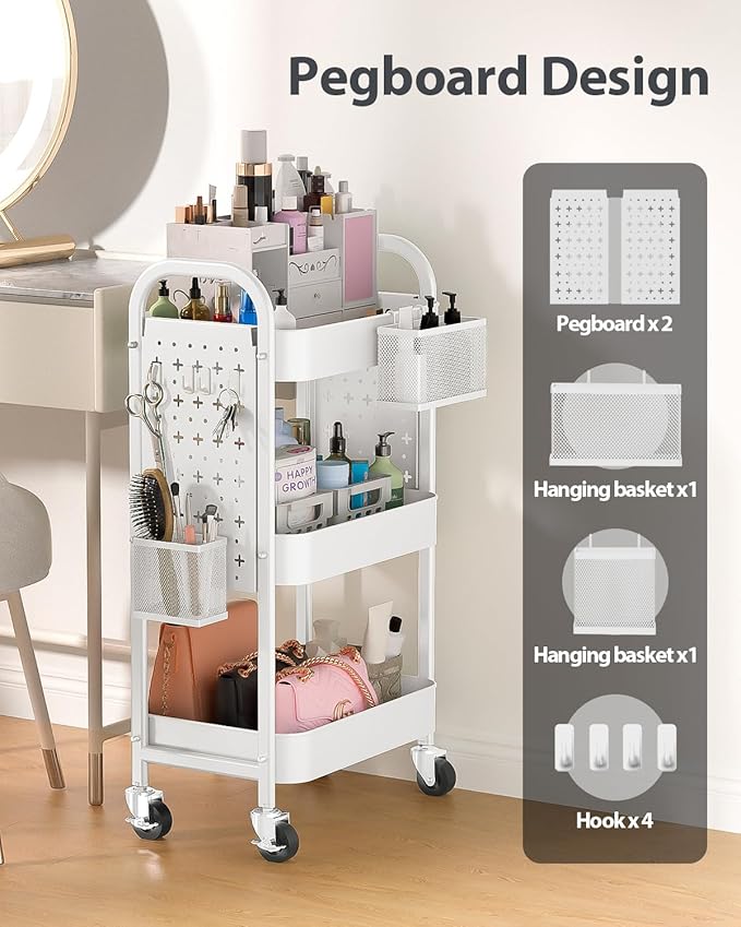 ALVOROG 3 Tier Metal Rolling Utility Cart with Pegboards,Baskets,Hook,White | More Storage Craft Cart with Pegboards,Lockable Wheels,Hooks & Baskets to Organize Kitchen,Office,Bedroom and DIY Supplies