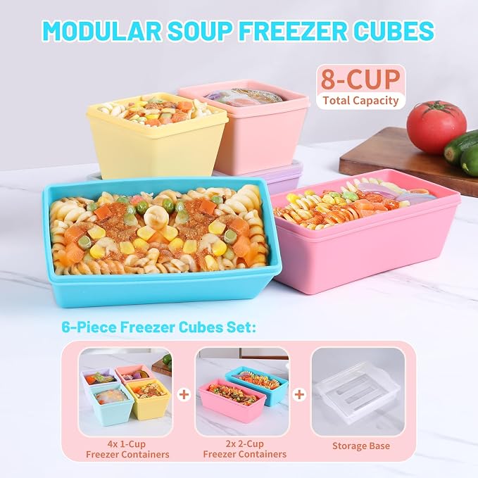 Gemice Silicone Freezer Molds with Lids, 6-Pack 1-Cup & 2-Cup | Oven & Dishwasher Safe, BPA-Free Soup Portion Cubes Trays, Freezer Containers for Food Storage