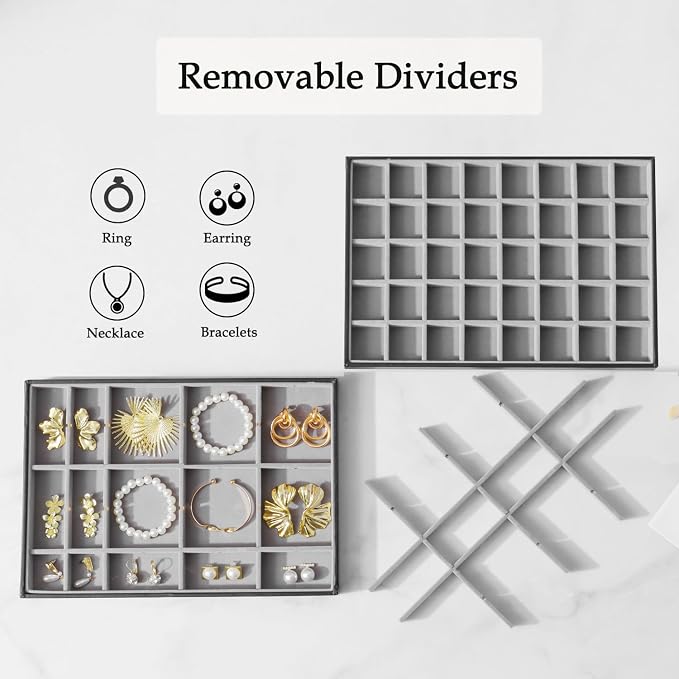 Large Jewelry Organizer Tray 2 Pack, Stackable Jewelry Storage Holder for Drawer Inserts, PU Leather Velvet Jewellery Display Case for Earring Bracelet Necklace Ring (Black Gray, 40 Grids)