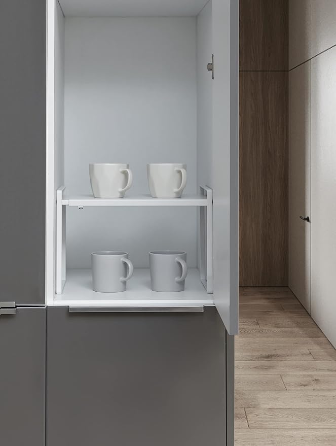 Nxconsu Cabinet Shelf Organizer Expandable, 10.3 Inch Deep Adjustable 13 to 24 Inch Metal Shelf Riser for Kitchen Pantry Cupboard Countertop Under Sink, Heavy Duty Stackable Storage Rack, White