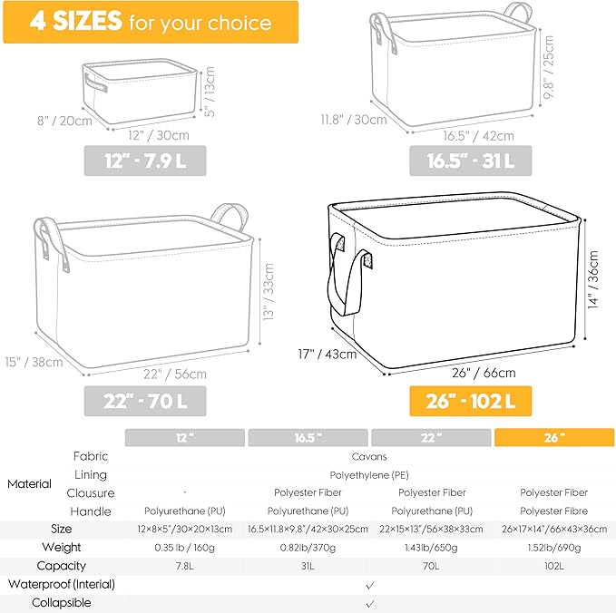 Hinwo 102L XXL Storage Bins, 2-Pack Closet Organizers and Storage, Foldable Clothes Storage Baskets with Handles, Containers for Clothing, Blanket, Comforters, Toys, Bedding (White)